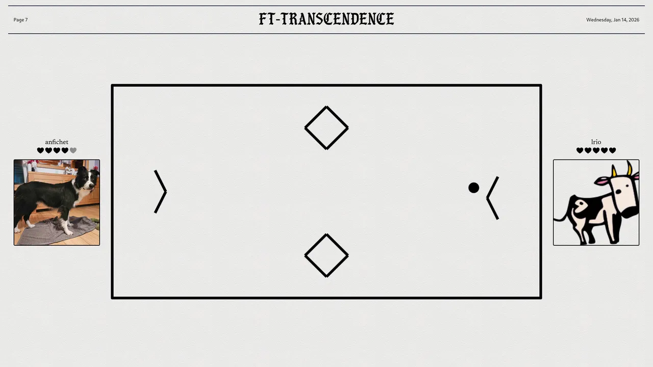 Capture de Transcendance : terrain de Pong, raquettes en V et obstacles en losange dans une interface de journal.