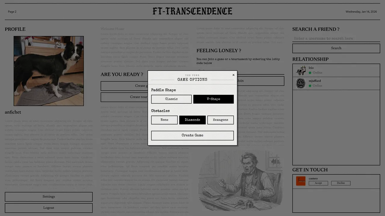 Capture des options de partie : choix de la forme des raquettes et des obstacles.